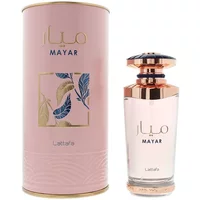 Lattafa Mayar Eau De Parfum 100ml with pink bottle, gold accents, and floral design on matching cylindrical box.