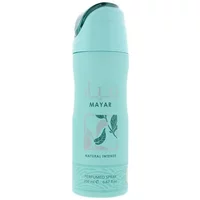 Lattafa Mayar body spray, 200ml, light teal bottle with leaf design and curved cap.