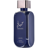Lattafa Hayaati Al Maleky Eau De Parfum, 100 ml, sleek dark blue bottle with silver cap and Arabic script.