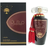 Lattafa Mohra Eau De Parfum 100ml, black bottle with gold accents, red tassel, and matching box with gold tree design.