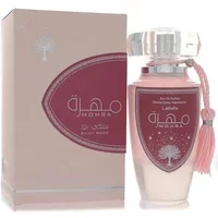 Lattafa Mohra Silky Rose Eau De Parfum 100ml, pink bottle with silver cap and tassel, matching box with tree design.