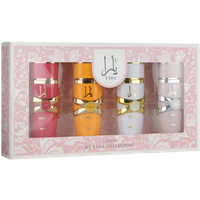 Lattafa My Yara Collection gift set with four colorful 25ml perfume bottles in a floral pink box.