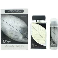 Lattafa Najdia gift set with leaf design, includes 100ml Eau De Parfum bottle and 50ml deodorant spray.