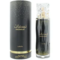 Lattafa Nasmaat Eau De Parfum 100ml, black bottle with gold accents, clear cap, matching black and gold box.