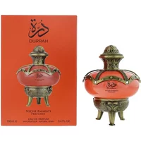 Lattafa Niche Emarati Durrah Eau De Parfum, ornate bronze bottle with red accents, matching red box with Arabic script.