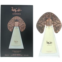 Lattafa Niche Emarati Ghinwa perfume, 100ml, in a clear triangular bottle with ornate bronze cap and black box.