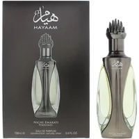 Lattafa Niche Emarati Hayaam Eau De Parfum 100ml, black and clear bottle with ornate cap, next to matching box.