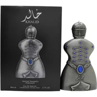Lattafa Niche Emarati Khalid Eau De Parfum 80ml, silver knight-shaped bottle with blue gem accents, black box.