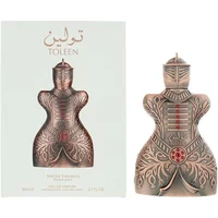 Lattafa Niche Emarati Toleen Eau De Parfum 80ml, ornate knight-shaped bottle with intricate patterns, next to box.