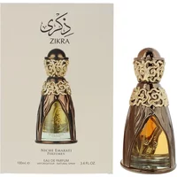 Lattafa Niche Emarati Zikra Eau De Parfum 100ml, ornate gold and brown bottle with intricate design, boxed packaging.