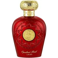 Red Lattafa Opulent Red Eau De Parfum 100ml bottle with gold ornate cap and emblem.