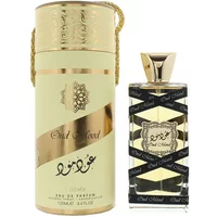 Lattafa Oud Mood Eau De Parfum 100ml with gold cap, ornate black and gold bottle, and matching cylindrical box.