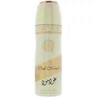 Lattafa Oud Mood body spray 200ml, cream bottle with gold accents and intricate floral design.