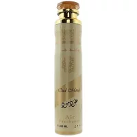 Lattafa Oud Mood Room Spray 300ml, gold cylindrical bottle with ornate Arabic script and gold cap.