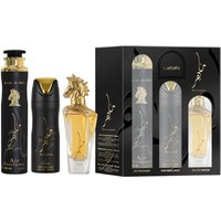 Lattafa Maahir gift set with gold horsehead perfume, black body spray, air freshener, and elegant black packaging.