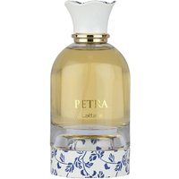Lattafa Petra Eau de Parfum 100 ml, clear bottle with gold accents, white cap, floral blue pattern at base.