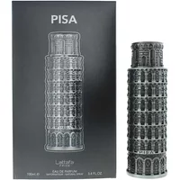 Lattafa Pisa Pride Eau De Parfum 100ml, bottle shaped like Leaning Tower of Pisa, with detailed architectural design.