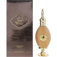 Lattafa Pride Afaq Gold Eau De Parfum 100ml, ornate gold cap, wooden finish bottle, elegant packaging.