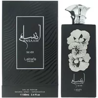 Lattafa Pride Ansaam Silver Eau De Parfum 100ml, black bottle with floral design and silver cap, boxed packaging.