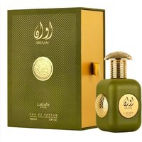 Lattafa Pride Awaan EDP 100 ml, olive green bottle with gold cap and emblem, matching gold-accented box.