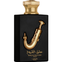 Black rectangular perfume bottle with gold cap and ornate gold emblem, labeled "Ishq Al Shuyukh Gold" by Lattafa.