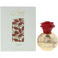 Lattafa Pride Lahdath Eau De Parfum 100ml, gold spherical bottle with red rose cap, white box with leaf design.