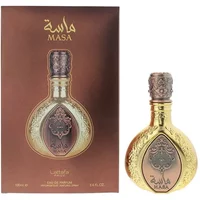Lattafa Pride Masa Eau De Parfum 100ml, ornate gold and bronze bottle with intricate detailing, matching box.