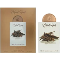 Lattafa Pride Natural Oud Eau De Parfum 100ml with bronze cap, white label, and oud wood imagery on box and bottle.