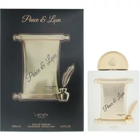 Lattafa Pride Peace Love Eau De Parfum 100ml, gold scroll design on white bottle with matching black and gold box.