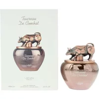 Lattafa Pride Taureau De Combat Eau De Parfum 100ml with bull-shaped cap and reflective rose-gold bottle.