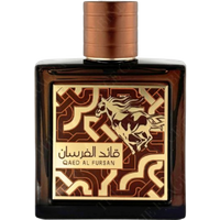 Lattafa Qaed Al Fursan Untamed 90ml perfume in a brown bottle with horse design and copper cap.