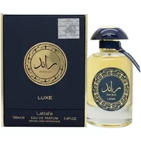 Lattafa Ra'ed Luxe Gold Mane Eau De Parfum 100ml with black cap, gold accents, and ornate circular label.