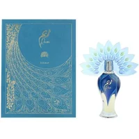 Blue and gold Lattafa Reem Eau De Parfum 100ml with peacock feather design and matching decorative box.