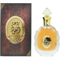 Lattafa Rouat Al Oud Eau De Parfum 100ml, ornate glass bottle with gold cap, floral design, and matching box.