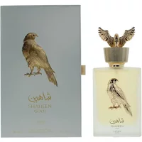 Lattafa Shaheen Gold Eau De Parfum 100ml with falcon design on bottle and box, gold cap with falcon figure.