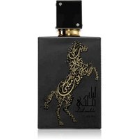 Black Lattafa Lail Maleki 100 ml perfume bottle with gold ornate horse design and square black cap.