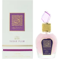 Lattafa Sugar Plum Musk Eau De Parfum 100ml, pink bottle with gold cap, purple label, and matching box.