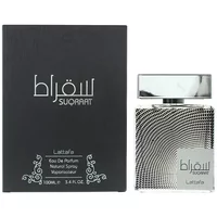 Lattafa Suqraat Eau De Parfum 100ml, silver textured bottle with black cap, next to black box with silver text.