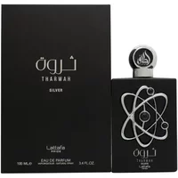 Lattafa Tharwah Silver Eau De Parfum 100ml, black bottle with silver atomic design, matching black box.