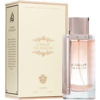 Lattafa The Kingdom Ladies Eau De Parfum, 100 ml, in a pink glass bottle with a metallic cap, next to a beige box.