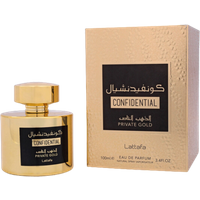 Gold Lattafa Confidential Private Gold Eau De Parfum bottle with black label, next to matching gold textured box.