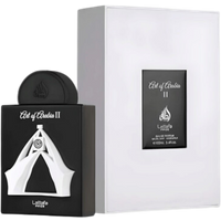 Lattafa Pride Art of Arabia II Eau De Parfum, 100 ml, in a black bottle with white abstract design and matching box.