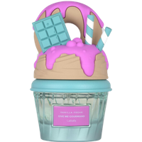 Lattafa Vanilla Freak perfume, 75ml, with donut and chocolate bar cap, pink icing, and teal bottle.