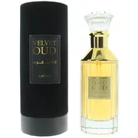 Lattafa Velvet Oud Eau De Parfum 100ml, gold bottle with ornate cap, black cylindrical velvet box.