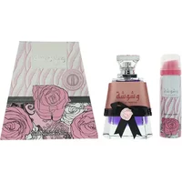 Lattafa Washwasha gift set with pink floral box, 100ml perfume bottle with black ribbon, and 50ml deodorant spray.