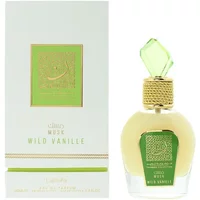 Lattafa Wild Vanille Musk Eau De Parfum 100ml, clear bottle with green cap and gold accents, matching box.