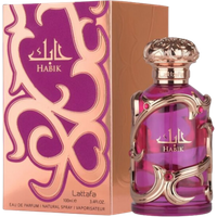 Lattafa Women's Habik Eau De Parfum, 100 ml, purple bottle with ornate gold design, matching decorative box.