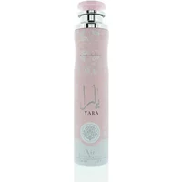 Lattafa Yara air freshener, 300ml pink and silver can with floral design and silver cap.