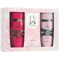 Lattafa Yara & Yara Candy gift set with two pink and red perfume bottles in a decorative box.