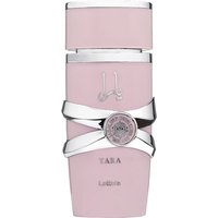 Pink Lattafa Yara Eau de Parfum bottle with silver accents and decorative emblem, 100 ml size.